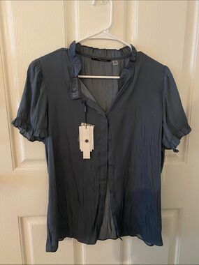 Tahari Slate Blue Ruffle-Trim Short Sleeve Blouse